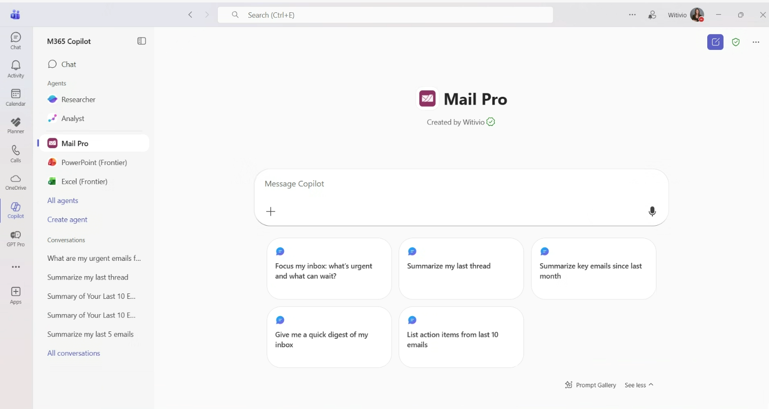 Mail Pro in M365 Copilot interface