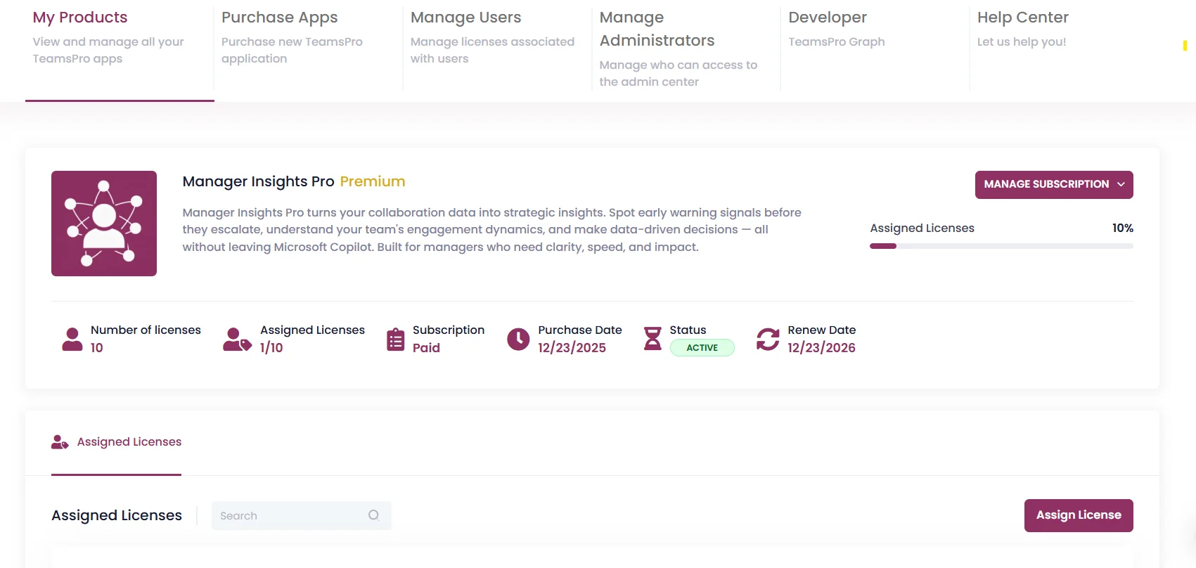 Subscription management view in the Teams Pro Admin Center