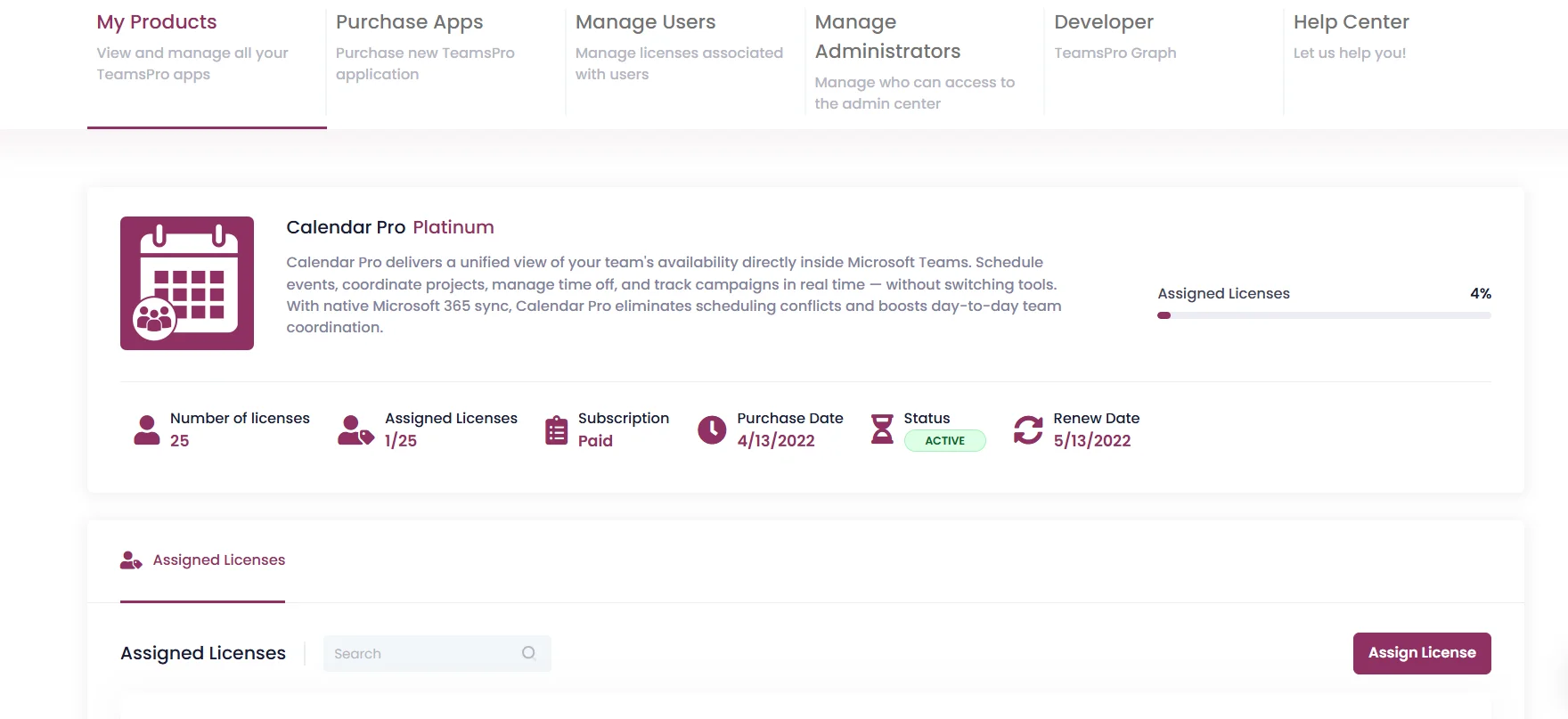 Licence detail view in the Teams Pro Admin Center