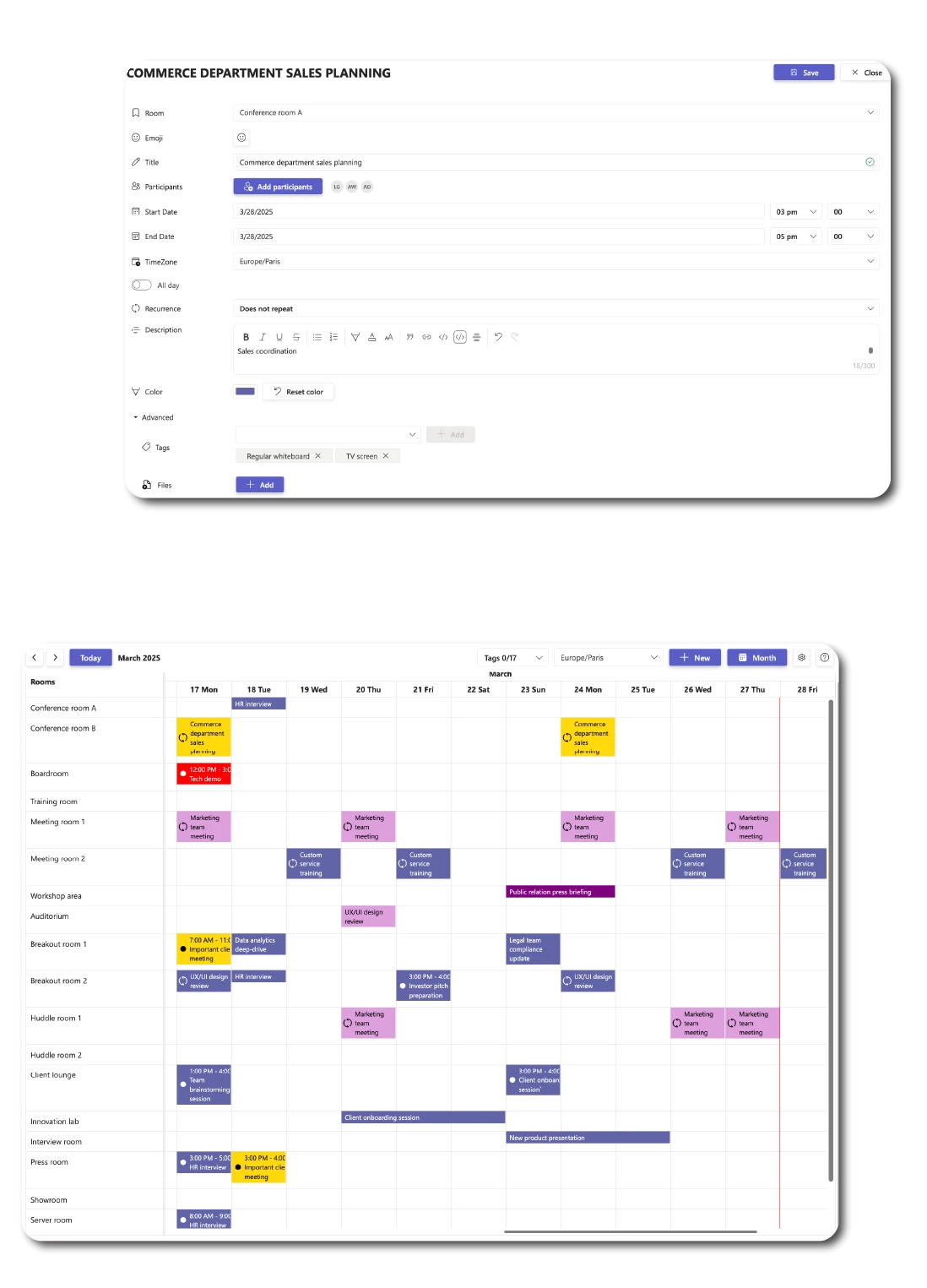 Booking Room Pro booking view inside Microsoft Teams showing several meeting rooms across a week with color-coded reservations